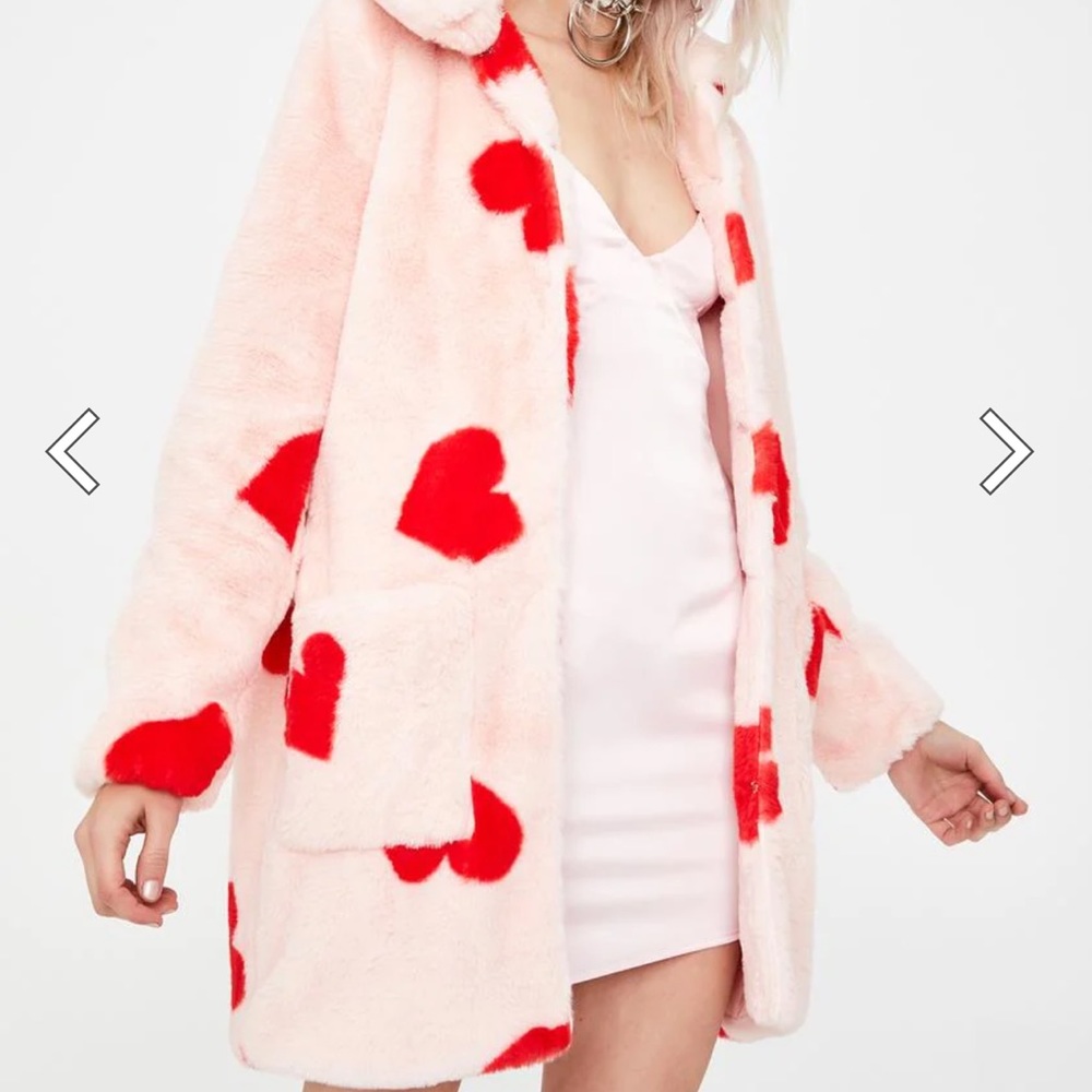 DollsKill Heart Print Faux Fur Coat